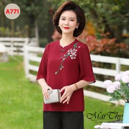 Thumbnail Bộ Trung Niên Cho Mẹ MAI THY S771, Set Đồ Cho Mẹ Trung Niên Áo Cổ Tàu Thêu Hoa Mai Quần Thun Mát Mẻ | Thời Trang Nữ U50 2