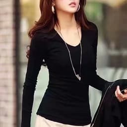 Thumbnail Áo Thun Nữ Dài Tay Cổ Chữ V Màu Trơn Thời Trang 2