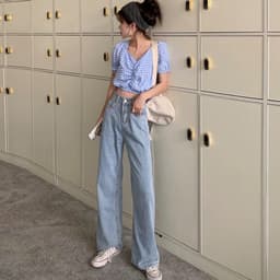 Thumbnail Daduhey Quần jean denim ống rộng lưng cao xinh xắn cho nữ 3