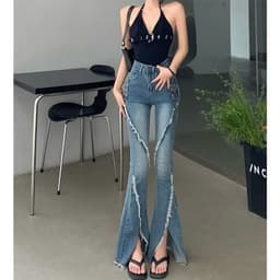 Thumbnail Daduhey Quần jean dây rút cạp cao ống loe xẻ tà phiên bản thời trang Hàn Quốc mới cho nữ 4