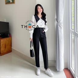 Thumbnail Quần baggy nữ công sở kiểu lỡ nút trơn đen 186 THOCA HOUSE quần tây chuẩn form cao cấp tôn chân dài 4
