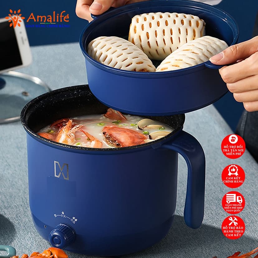 Ảnh Nồi Lẩu Điện Mini Ca Nấu Mì 2 Tầng Kèm Giá Hấp Đa Năng Nướng, Luộc, Chiên Chống Dính Vấn Đá Tiện Lợi Chính Hãng Amalife 3