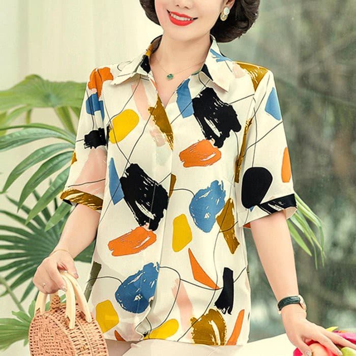 Ảnh GOTI - Áo Trung Niên Nữ Cao Cấp U50-60 Size Lớn Dạng Cổ Sơ Mi Tay Lỡ In Họa Tiết Sắc Màu 3A30 3A01 3A06 4