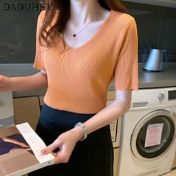 Thumbnail Áo thun daduhey vải lụa lạnh tay ngắn cổ chữ V dáng ôm phong cách Hàn Quốc thời trang mùa hè mới cho nữ 4