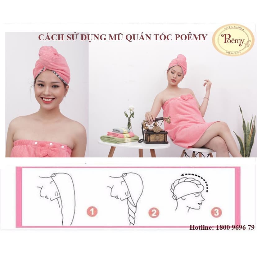 Ảnh Mũ quấn làm nhanh khô tóc POÊMY SỌC GÂN KT 23x65cm 2