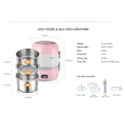 Thumbnail Hộp Cơm Cắm Điện 2 Tầng ArirangLife EL-ALS263 (Hồng), Nấu Chín Và Hâm Nóng Thức Ăn, BH 1 Năm 2