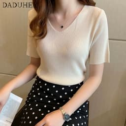 Thumbnail Áo thun daduhey vải lụa lạnh tay ngắn cổ chữ V dáng ôm phong cách Hàn Quốc thời trang mùa hè mới cho nữ 1