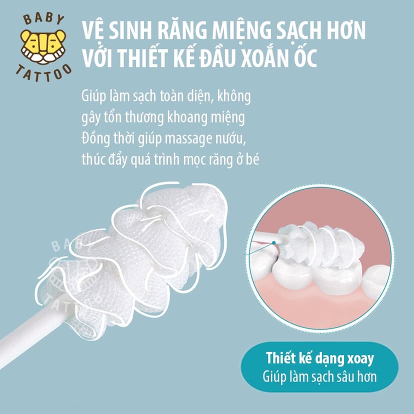 Ảnh BABY TATTOO Que Rơ Làm Sạch Răng Miệng Đầu Xoắn Ốc Xoay 360 Độ, Chuyên Dụng Cho Bé 0-2 Tuổi 3