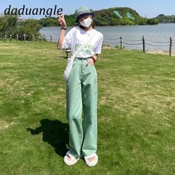 Thumbnail Quần jeans Daduhey lưng cao ống rộng size lớn tùy chọn màu thời trang cho nữ 4