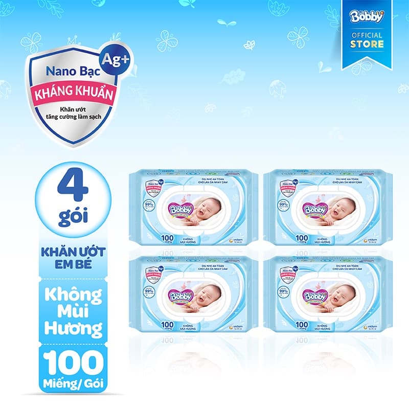 Ảnh Bộ 4 gói Khăn ướt Bobby không mùi 100 tờ/gói (Xanh) 1