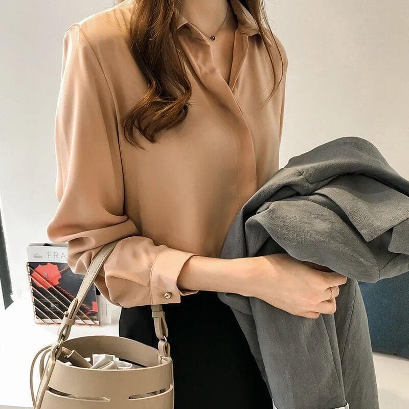 Ảnh GOTI - Áo Kiểu Hàn Quốc Nữ Tính Vải Tơ Nhung Cao Cấp Cổ Sơ Mi Tay Dài - Nhiều Màu 3119 1