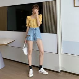 Thumbnail Quần Short Jeans Denim Lưng Cao Phối Rách Cá Tính 2