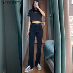 Thumbnail Quần Jean Đen Lưng Cao Ống Rộng Thiết Kế Xẻ Tà Thời Trang Cá Tính Cho Nữ 2