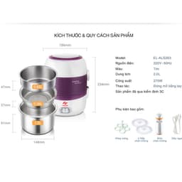 Thumbnail Hộp Cơm Cắm Điện, Hộp Cơm Hâm Nóng 2 Tầng Life360 EL-ALS263 (Tím), Nấu Chín, Hâm Nóng Thức Ăn 3