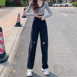 Thumbnail Daduhey Quần jeans lưng cao ống rộng cá tính cho nữ 4