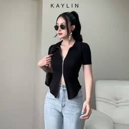 Thumbnail Áo thun KAYLIN Freesize form ôm cổ sơ mi phối dây kéo hai đầu chất vải thun cỏ giản phong cách trẻ trung - N1770 4