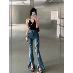 Thumbnail Daduhey Quần jean dây rút cạp cao ống loe xẻ tà phiên bản thời trang Hàn Quốc mới cho nữ 3