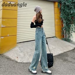 Thumbnail Daduhey Quần jean dài ống rộng lưng cao phối rách thời trang cá tính cho nữ 3