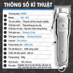 Thumbnail Tông đơ cắt tóc không dây Kemei KM-1997/ 1998 chuyên nghiệp với toàn thân là hợp kim nhôm cao cấp pin lithium 2000mAh 4