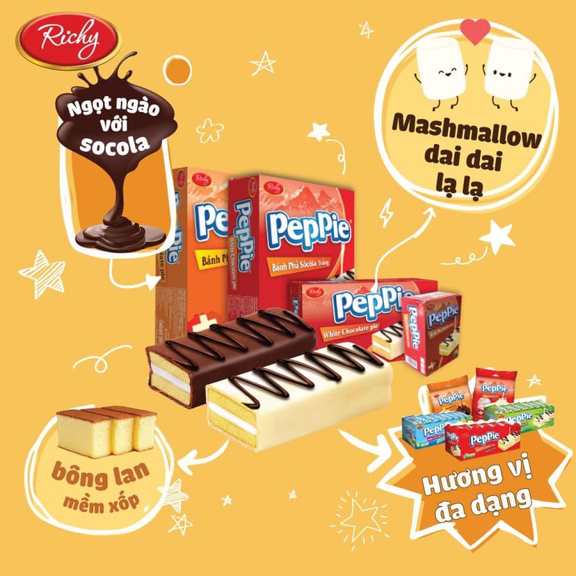 Ảnh Bánh Peppie Richy phủ socola trắng hộp 3 (45g) bánh bông lan kem bơ sữa 2
