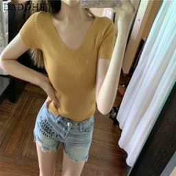 Thumbnail Áo thun daduhey vải lụa lạnh tay ngắn cổ chữ V dáng ôm phong cách Hàn Quốc thời trang mùa hè mới cho nữ 3