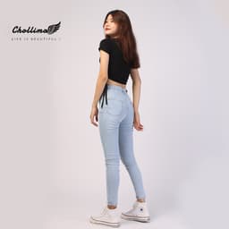 Thumbnail Quần jeans dài nữ co giãn Chollima trơn màu xanh trắng QD024 phong cách hàn quốc 2