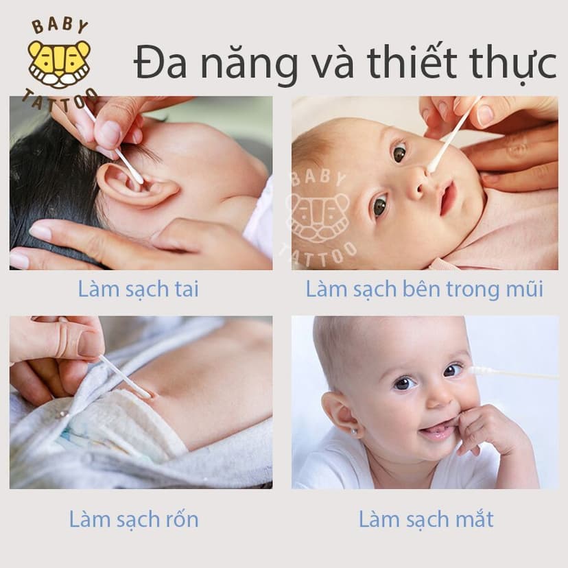 Ảnh Bông Tăm Cao Cấp, Đầu Bông Mini Thương Hiệu BABY TATTOO, Bông Ngoáy Tay Tiện Lợi, An Toàn Cho Bé, 1 Hộp 200 Cái 3