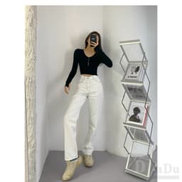 Thumbnail Dadu Trắng Thẳng Quần Ống Rộng Hàn Quốc Plus Size Quần Denim Sàn Nhật Bản Quần Palazzo Quần Thường Ngày Quần Cao Cấp Quần Jean 4