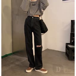 Thumbnail Daduhey Quần jean ống rộng rách gối kiểu dáng thời trang cho phái nữ 3