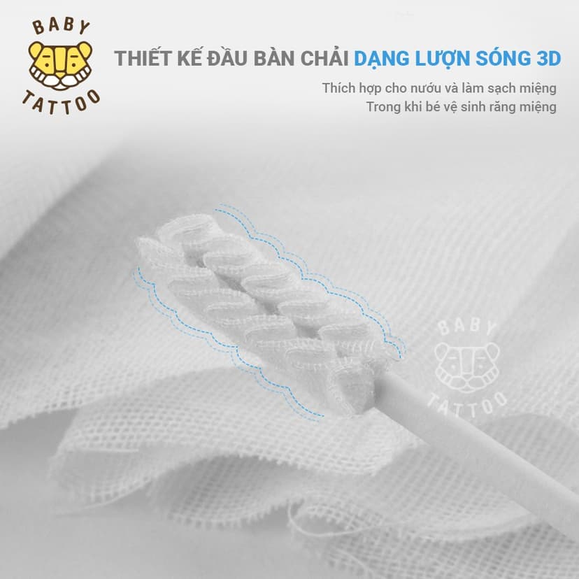Ảnh BABY TATTOO Que Rơ Làm Sạch Lưỡi, Đầu 3D Lượn Sóng Cho Bé, hộp 15 que 3