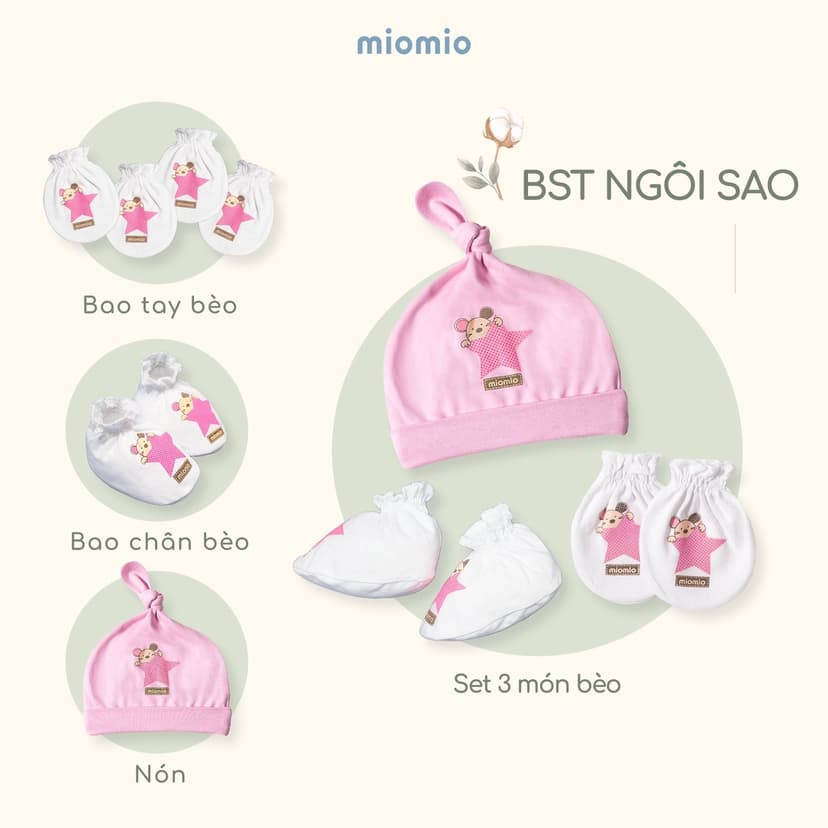 Ảnh Bao Tay Sơ Sinh Bèo, Bao Chân Bèo, Nón Sơ Sinh MIOMIO - In Hình Cho Bé Trai, Bé Gái, Vải Cotton 2