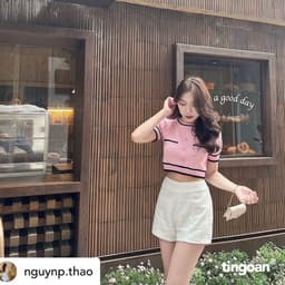 Thumbnail TINGOAN® - Áo len ngắn tay viền đen chống nhăn hồng ALISSA TOP/PK 4