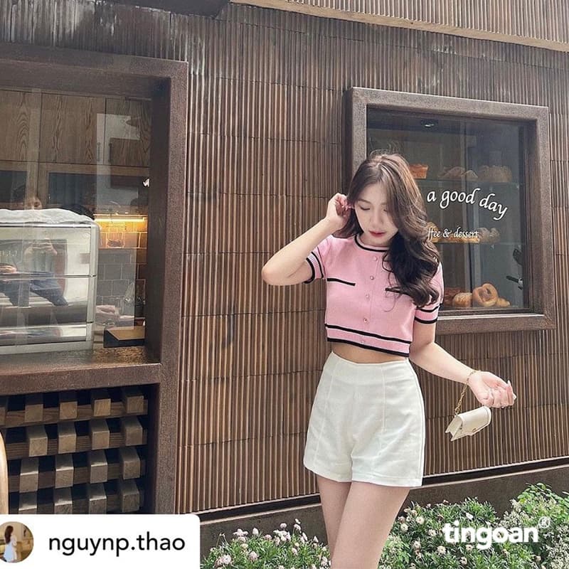 Ảnh TINGOAN® - Áo len ngắn tay viền đen chống nhăn hồng ALISSA TOP/PK 4