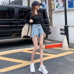 Thumbnail Quần Short Denim Lưng Cao Ống Rộng Thời Trang Hàn Quốc Mới 2021 Dành Cho Nữ 4