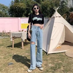 Thumbnail Quần jeans lưng cao thiết kế xẻ rách thời trang cá tính 1