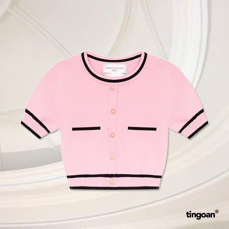 Ảnh TINGOAN® - Áo len ngắn tay viền đen chống nhăn hồng ALISSA TOP/PK 1