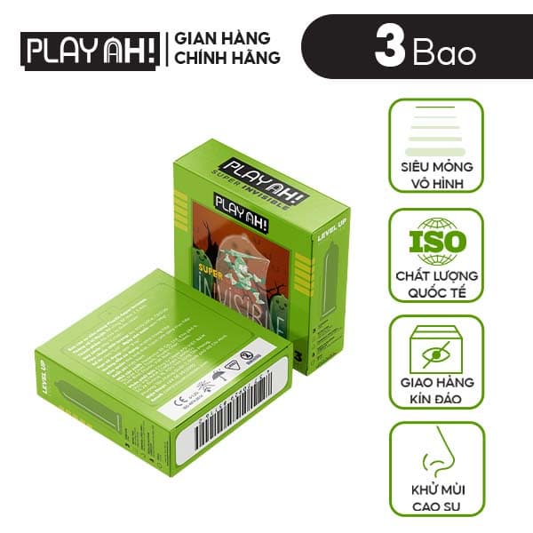 Ảnh Bao Cao Su PlayAh Super Invisible Siêu Mỏng Hộp 3/10 size 52mm, nhiều gel, truyền nhiệt 4