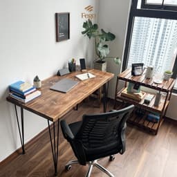 Thumbnail Bàn làm việc văn phòng FEGO bằng gỗ tự nhiên nâu sẫm rustic kết hợp chân hairpin hiện đại 2
