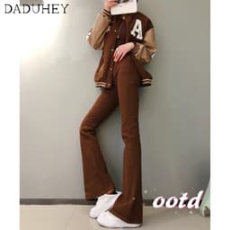 Thumbnail quần dài nữ quần jean bó màu nâu co giãn cạp cao mảnh mai quần jean ống loe 4