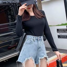 Thumbnail Quần Short Denim Lưng Cao Ống Rộng Thời Trang Hàn Quốc Mới 2021 Dành Cho Nữ 2