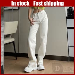 Thumbnail Dadu XS ~ 5XL Quần ống rộng Denim Hàn Quốc Quần jean thông thường phong cách BF Dài eo cao Cắt thẳng Quần jean trơn 1