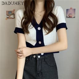 Thumbnail Áo thun DADUHEY dệt kim tay ngắn cổ chữ V dáng ôm thời trang mùa hè dành cho nữ có 4 màu tùy chọn 4