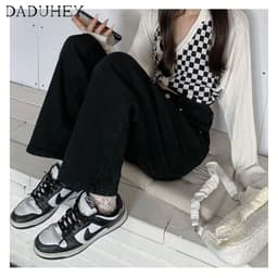 Thumbnail Quần jean màu đen lưng cao ống rộng thời trang dành cho nữ 4