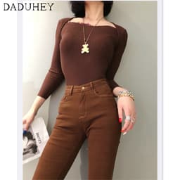 Thumbnail quần dài nữ quần jean bó màu nâu co giãn cạp cao mảnh mai quần jean ống loe 3