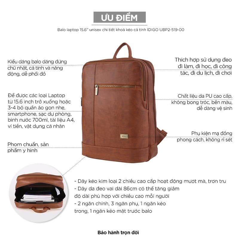 Ảnh Balo laptop 15.6” unisex chi tiết khoá kéo cá tính IDIGO UBP2-519-00 4