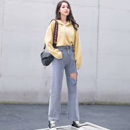 Thumbnail Quần jean nữ lưng cao ống rộng dáng suông dạng rách gối cá tính 1