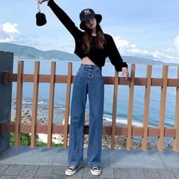 Thumbnail Quần Jeans Dài Lưng Cao Ống Rộng Thời Trang Hàn Cho Nữ 1