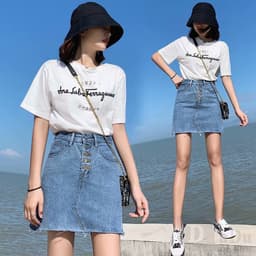 Thumbnail Chân váy jean Chữ A Xếp Ly Lưng Cao Co Giãn Phong Cách Hàn Quốc Mới 1
