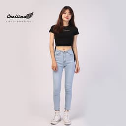 Thumbnail Quần jeans dài nữ co giãn Chollima trơn màu xanh trắng QD024 phong cách hàn quốc 3