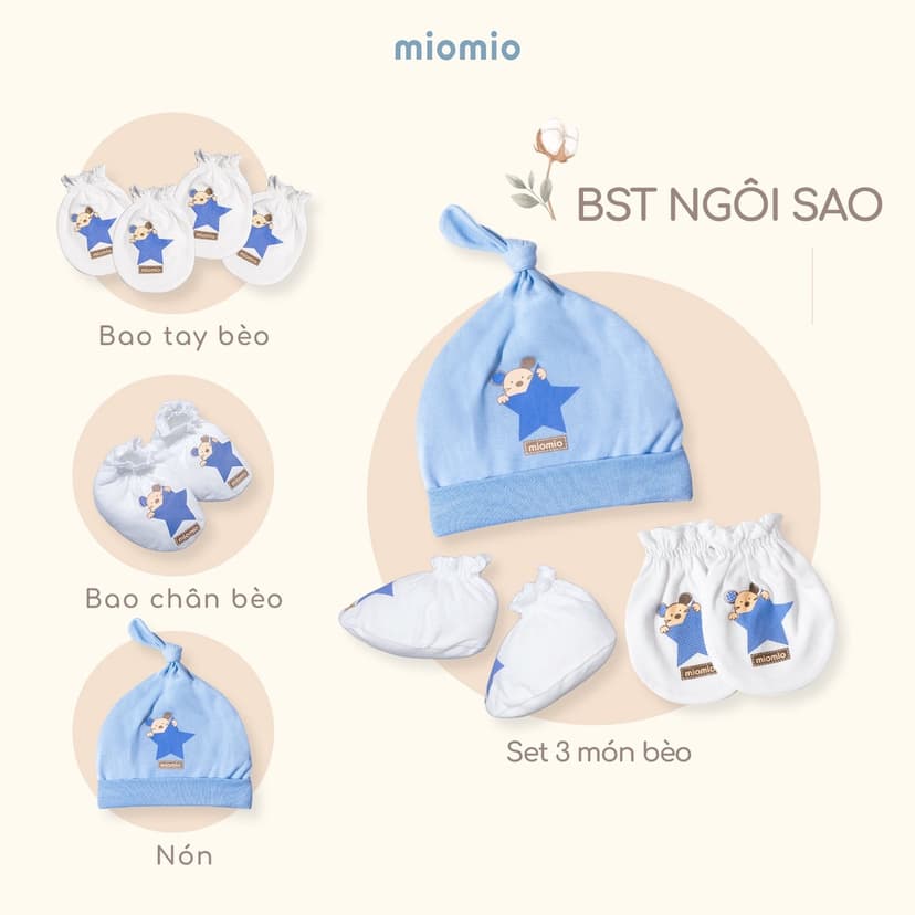 Ảnh Bao Tay Sơ Sinh Bèo, Bao Chân Bèo, Nón Sơ Sinh MIOMIO - In Hình Cho Bé Trai, Bé Gái, Vải Cotton 1